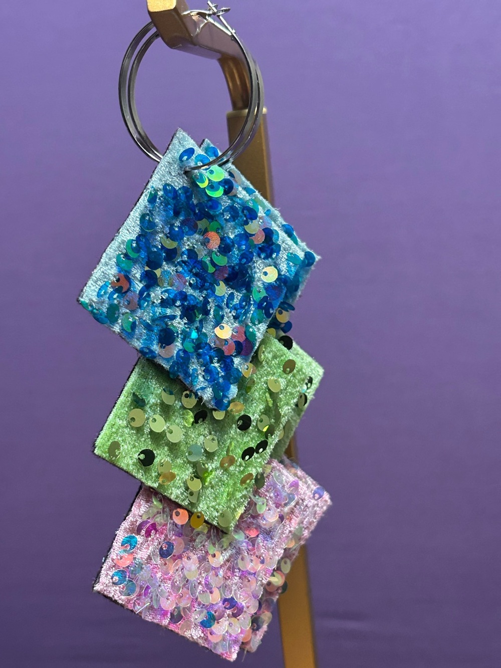 Handmade Sequined Triple Diamond Statement Earrinhs - Blue, Green, Pink